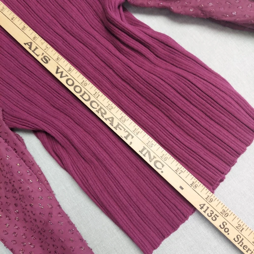 Anthropologie Burgandy Rib Knit Top S Puff Sleeve Coquette Semi Sheer Romantic‎